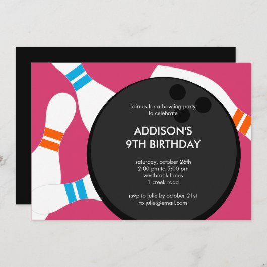 Bowling Party Birthday Party - Rosa Einladung (Vorne/Hinten)