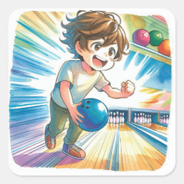 Bowling Party Boy's Anime Birthday Willkommen Quadratischer Aufkleber