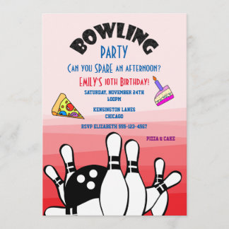 Bowling Party Einladen Ball und Buttone Pizza und Einladung