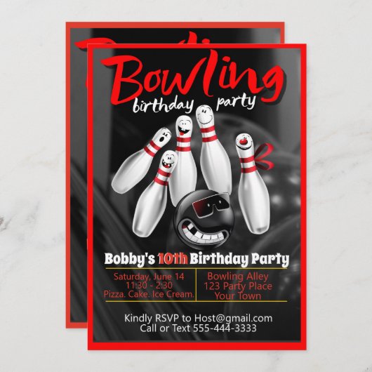 Bowling Party Einladung (Vorne/Hinten)
