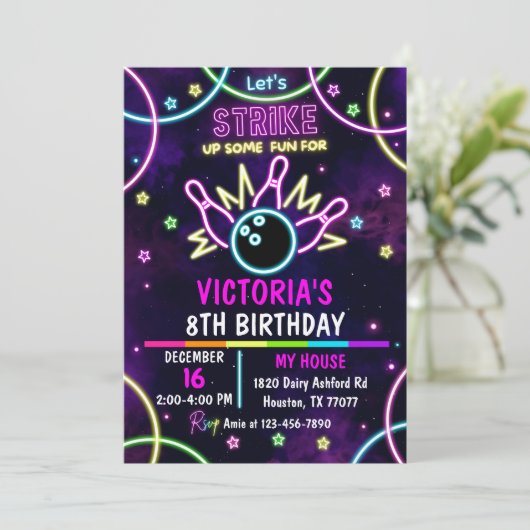 Bowling Party Einladung, Buttone, Girl-Bowling Einladung (Stehend Vorderseite)