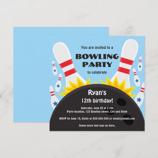 Bowling Party Einladung mit Bowlingball, blau (Vorne/Hinten)