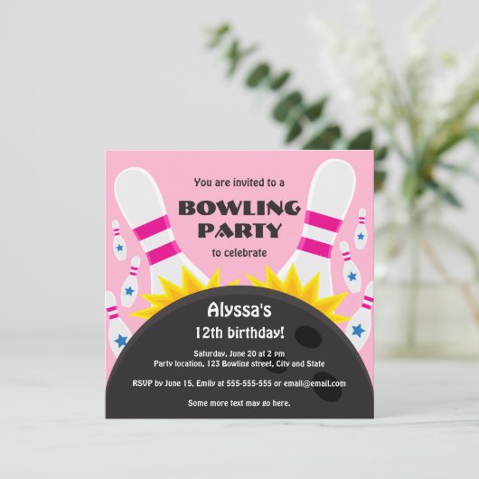 Bowling Party Einladung mit Bowlingball, rosa (Stehend Vorderseite)