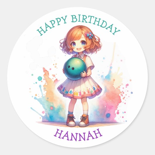 Bowling Party Girl's Anime Birthday Personalisiert Runder Aufkleber (Vorderseite)
