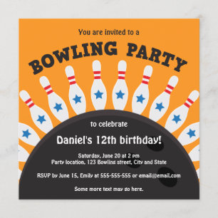 Bowling Party lädt mit Bowlingball und Buttonen ei Einladung