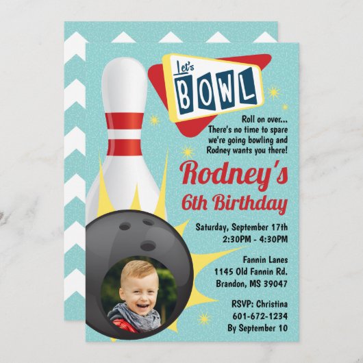 Bowling Party Retro Tenpin mit Foto Einladung (Vorne/Hinten)