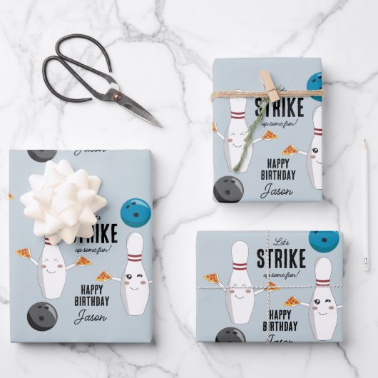 Bowling Pizza macht Spaß Kindergeburtstag Geschenkpapier Set (Vorderseite)