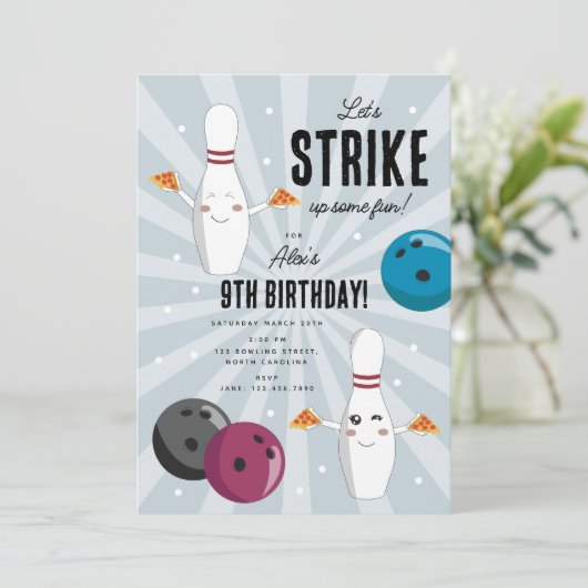 Bowling Pizza Strike Up Some Fun Kids Birthday Einladung (Stehend Vorderseite)