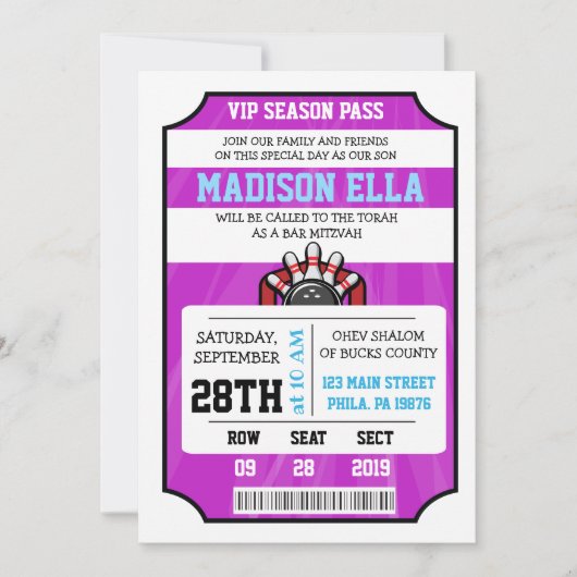 BOWLING TICKET Bar Bat Mitzvah Einladung (Vorderseite)
