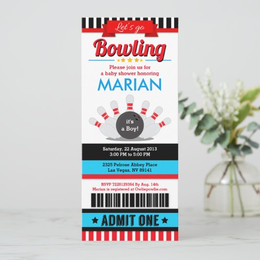 Bowling Ticket Pass Kinderdusche Einladung (Stehend Vorderseite)