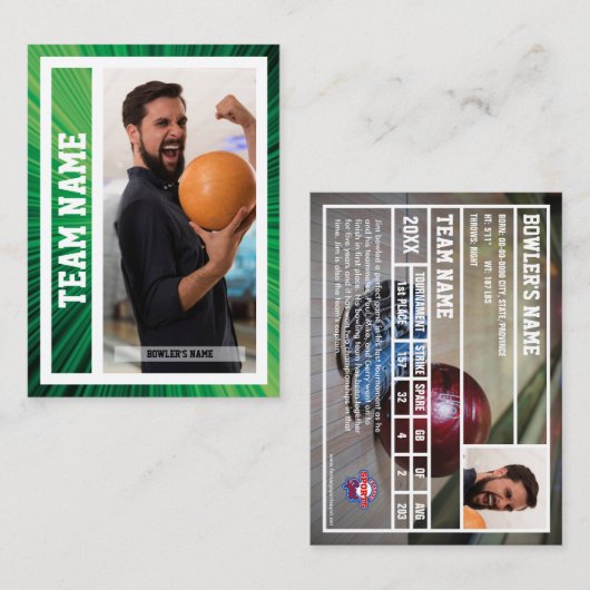 Bowling Trading Card Turnier Souvenir Green Telefonnummerkarte (Vorne/Hinten)