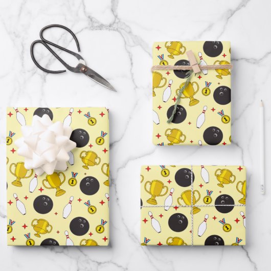 Bowling Turnier Gewinner Buttone Trophäe Muster Geschenkpapier Set (Vorderseite)