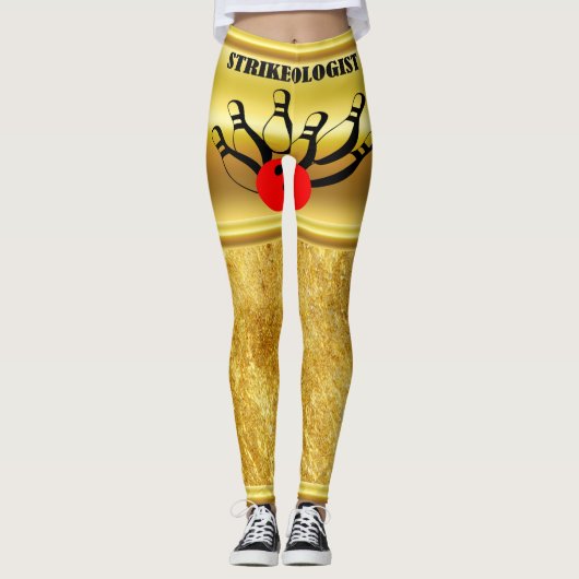 Bowlingball und Buttone mit dem Wort STRIKEOLOGIST Leggings (Vorderseite)