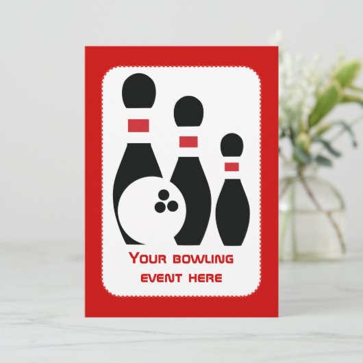Bowlingkugel und Buttone in Schwarz Einladung (Stehend Vorderseite)