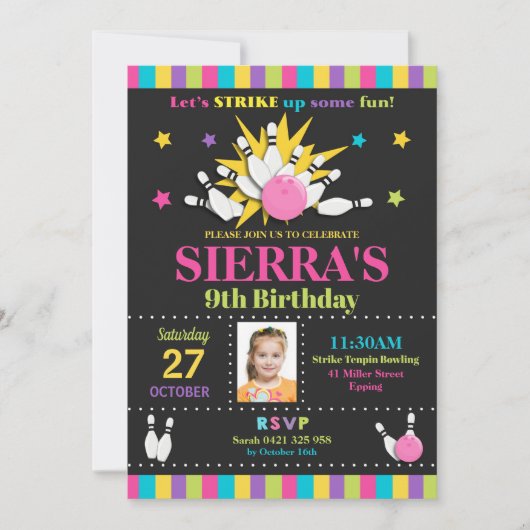 Bowlings-Geburtstags-Party Einladungs-Mädchen Einladung (Vorderseite)