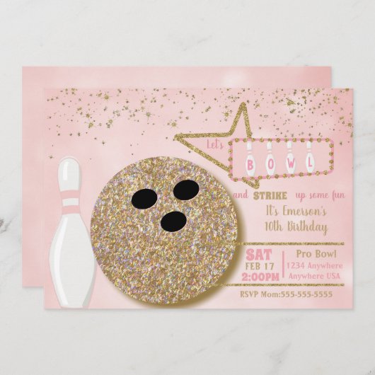 Bowlings-Party, rosa Glitterblick 10. des Einladung (Vorne/Hinten)