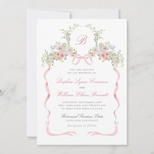 Bows and Wildflowers Wedding Invitation Einladung (Vorderseite)