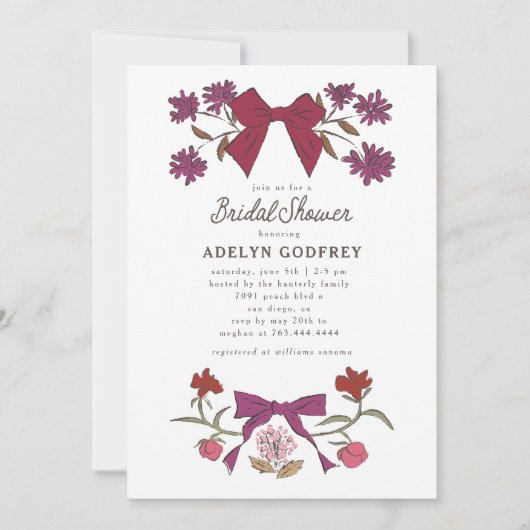 Bows & Blossoms Magenta Coquette Brautparty Einladung (Vorderseite)