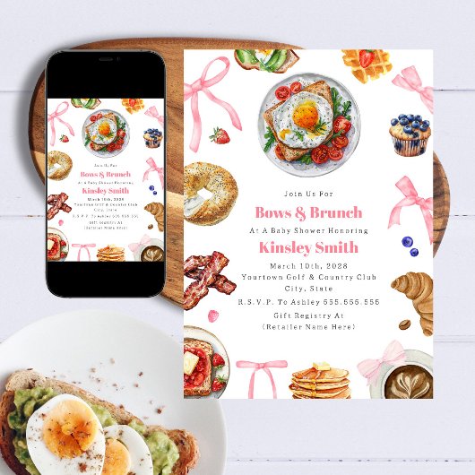Bows + Brunch Girl Pink Baby Dusche Frühstück Einladung