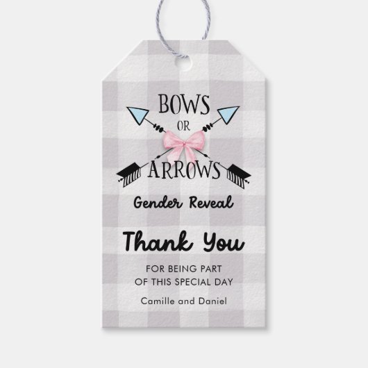 Bows oder Pfeile Gender Reveal Baby Dusche Vielen  Geschenkanhänger (Vorderseite)