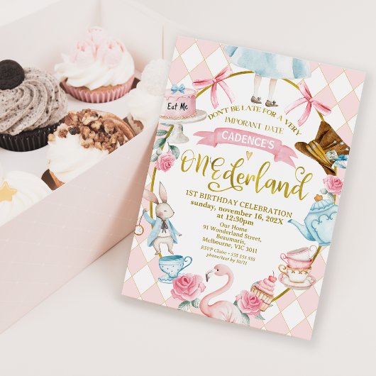Bows Pink Alice Onederland Einladung zum 1. Geburt