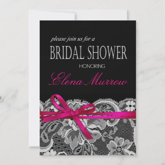 Bows Ribbon & Lace Brautparty schwarz Fuschia Einladung (Vorderseite)