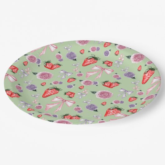 Bows, Rose und Erdbeeren Coquette-Muster Pappteller (Schrägansicht)