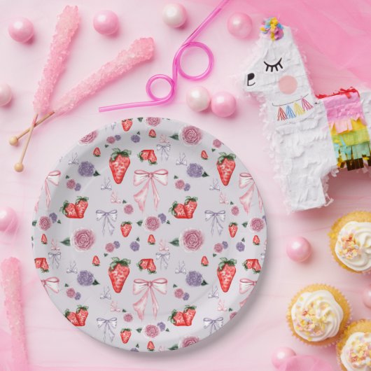 Bows, Rose und Erdbeeren Coquette-Muster Pappteller (Party)