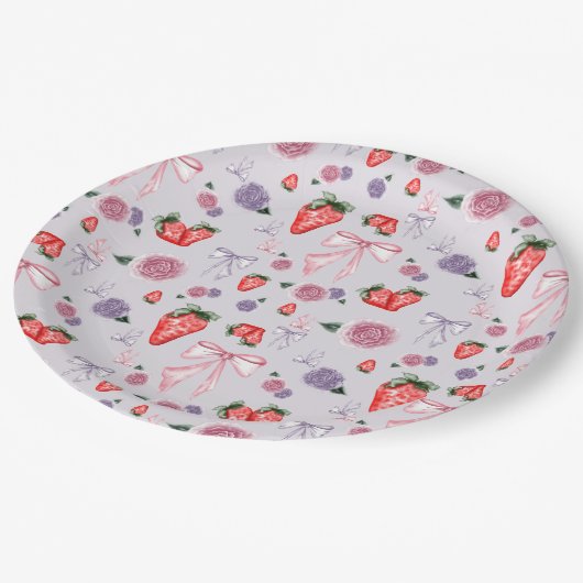 Bows, Rose und Erdbeeren Coquette-Muster Pappteller (Schrägansicht)