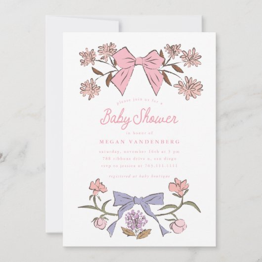 Bows und Blume Kinderdusche Einladung (Vorderseite)