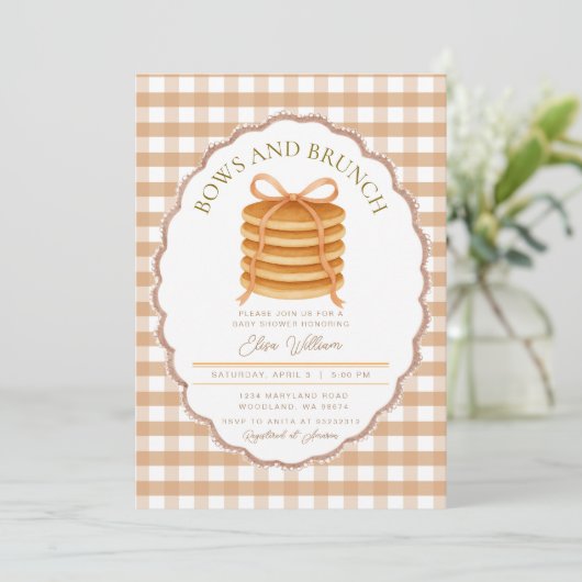 Bows und Brunch Pancake Baby Dusche Einladung (Stehend Vorderseite)