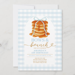 Bows und Brunch Pancake Blue 1. Geburtstag Gingham Einladung