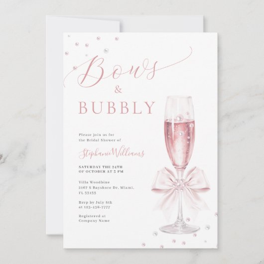Bows und Bubbly Pink Bridal Dusche Einladung (Vorderseite)