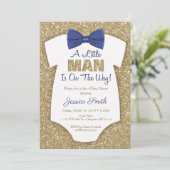 Bowtie Baby Shower Einladung Gold Glitzer (Stehend Vorderseite)