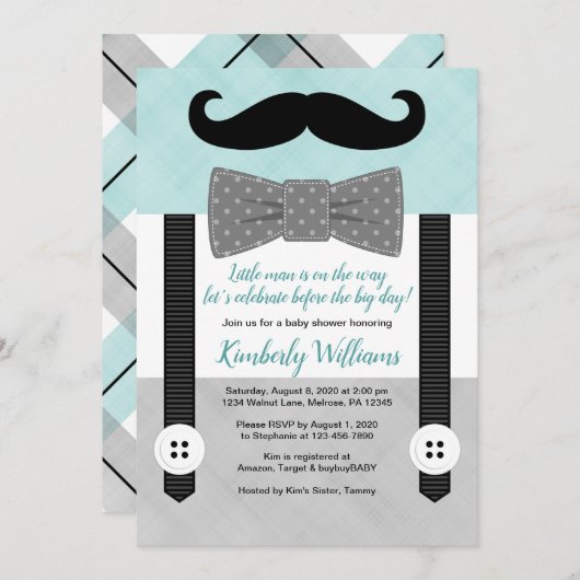 Bowtie Babydusche Einladung Minze Graue kleine Man (Vorne/Hinten)