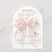 Bowtiful One 1st Birthday Floral Bow Girls Einladung (Vorne/Hinten)