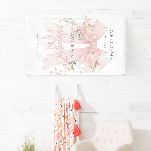 Bowtiiful One 1st Birthday Floral Bow Girls Banner (Insitu)