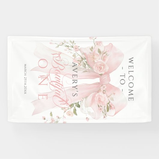 Bowtiiful One 1st Birthday Floral Bow Girls Banner (Horizontal)