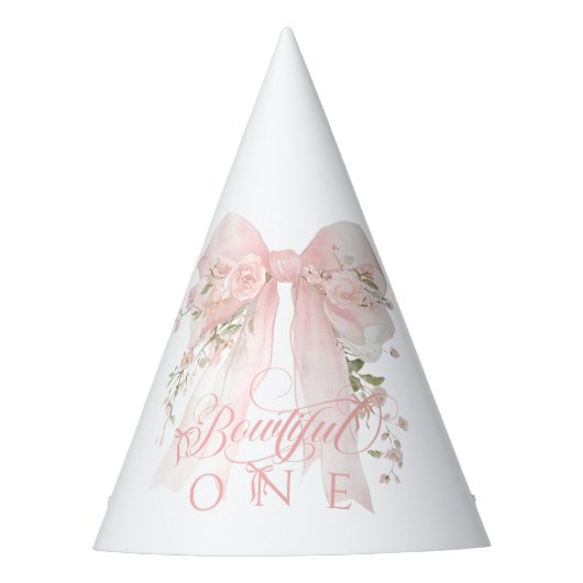 Bowtiiful One 1st Birthday Floral Bow Girls Partyhütchen (Vorderseite)