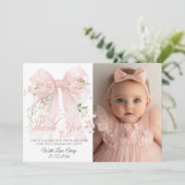 Bowtiiful One Photo 1st Birthday Floral Bow Girls Dankeskarte (Stehend Vorderseite)