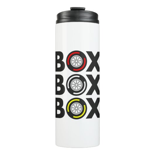 ‚Box Box‘ F1 Entwurf der Reifenkomponente Thermosbecher (Vorderseite)