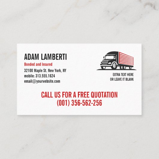 BOX-LKW-BEWEGUNG UND HAULING BERUFLICH VISITENKARTE (Rückseite)