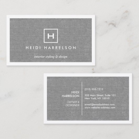 BOX-LOGO mit IHREM INITIAL/MONOGRAM auf LINEN GRAY Visitenkarte (Vorne/Hinten)