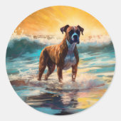 Boxer Beach Surfmalerei Runder Aufkleber (Vorderseite)