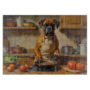 Boxer beim Kochen in der Küche Schneidebrett