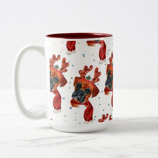 Boxer Breed Watercolor Dog Muster Sterne Weihnacht Zweifarbige Tasse (Links)