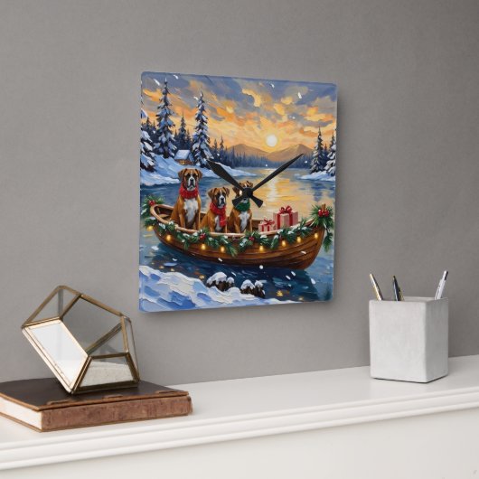 Boxer Christmas Boat Holiday Quadratische Wanduhr (Büro)
