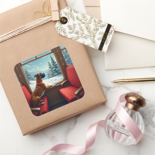 Boxer Christmas Eve Train Ride Painting Quadratischer Aufkleber (Schenken)