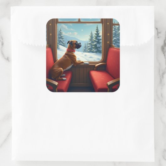 Boxer Christmas Eve Train Ride Painting Quadratischer Aufkleber (Tasche)
