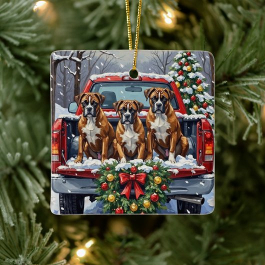 Boxer Christmas Red Truck Holiday Keramikornament (Baum)